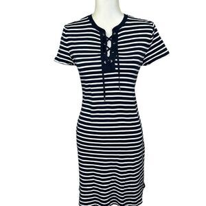 Chaps Shift Navy Blue & White Striped Lace Up Stretch Dress Women’s Size Large P